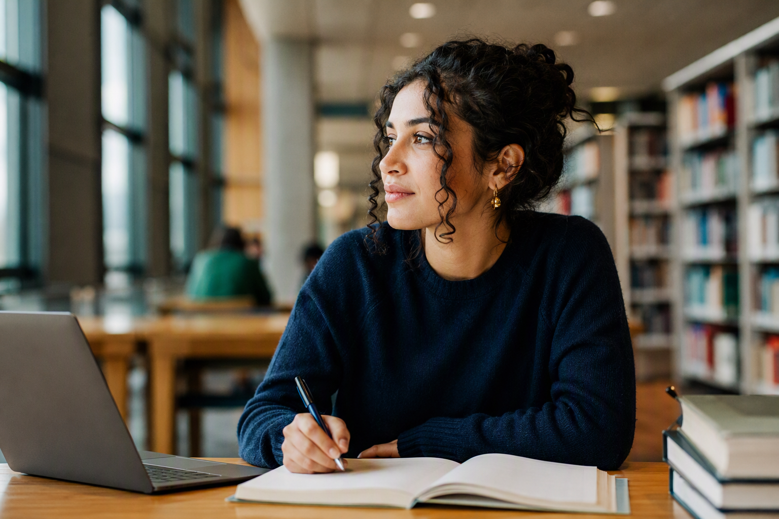 Étudiante marocaine préparant sa candidature en bibliothèque